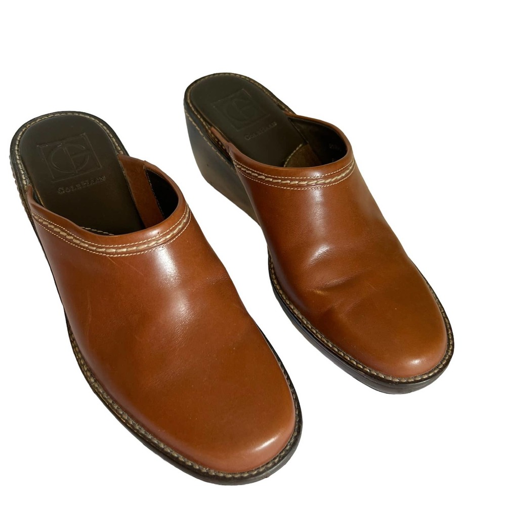 COLE HAAN Elyssa Brown Leather slip on Mules Clogs, 6.5B